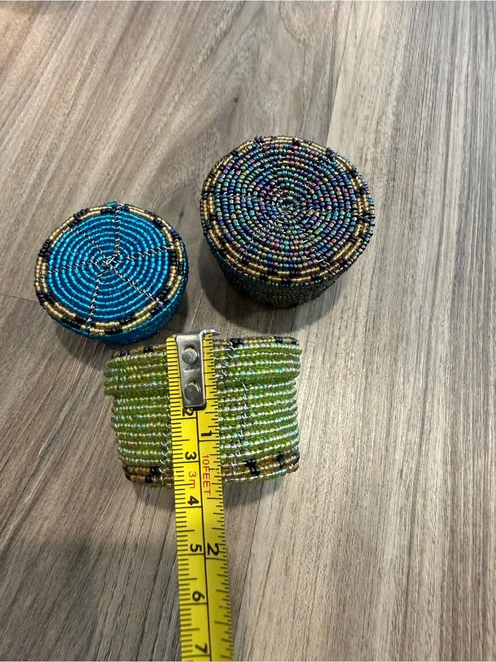 Handwoven Beaded Round Storage Boxes Set - Blue, Green & Multicolor